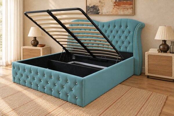 Pat tapițat Chesterfield Avella 140×200 cm, verde marin, cu ladă de depozitare