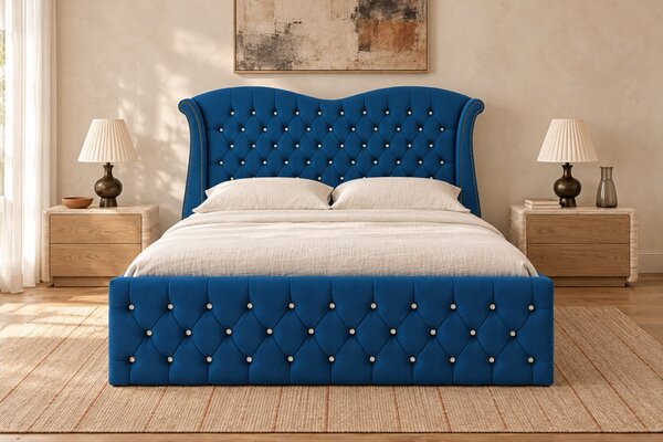 Pat tapițat Chesterfield Avella 140×200 cm, albastru, cu ladă de depozitare