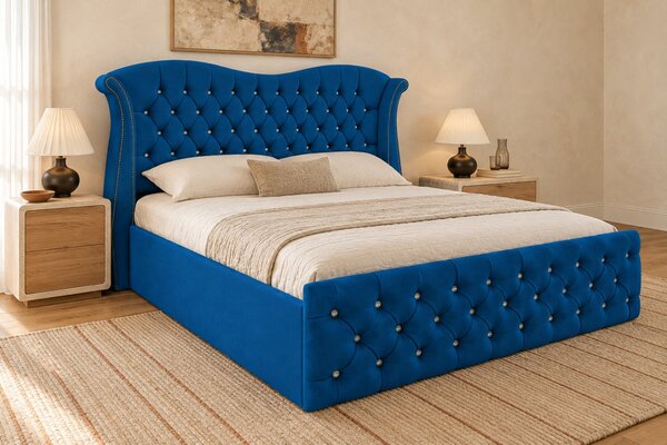Pat tapițat Chesterfield Avella 140×200 cm, albastru, cu ladă de depozitare