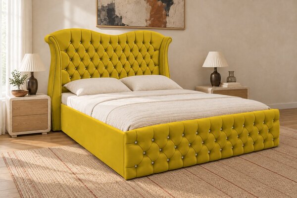 Pat tapițat Chesterfield Avella 140×200 cm, galben muștar, cu ladă de depozitare