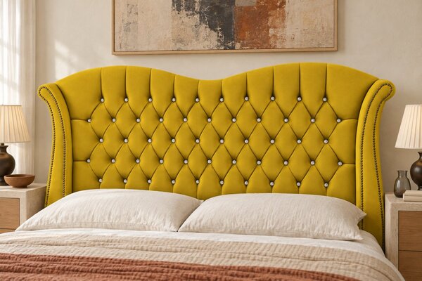 Pat tapițat Chesterfield Avella 140×200 cm, galben muștar, cu ladă de depozitare