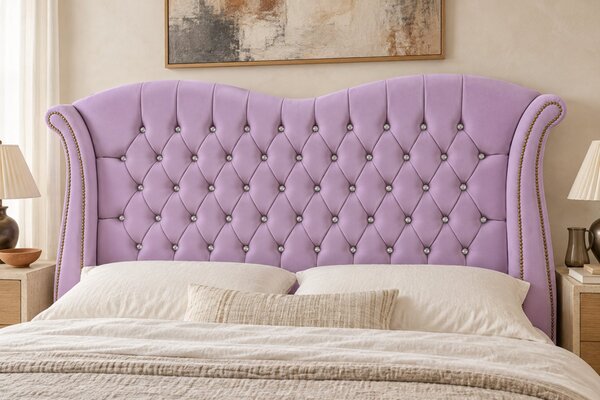 Pat tapițat Chesterfield Avella 140×200 cm, lila, cu ladă de depozitare