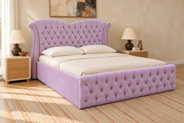 Pat tapițat Chesterfield Avella 140×200 cm, lila, cu ladă de depozitare