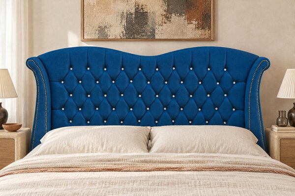 Pat tapițat Chesterfield Avella 140×200 cm, albastru, cu ladă de depozitare