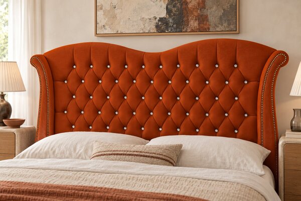 Pat tapițat Chesterfield Avella 140×200 cm, cărămiziu, cu ladă de depozitare