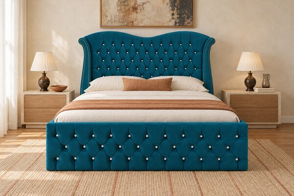 Pat tapițat Chesterfield Avella 140×200 cm, turcoaz, cu ladă de depozitare
