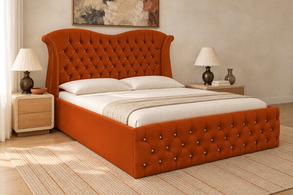 Pat tapițat Chesterfield Avella 140×200 cm, cărămiziu, cu ladă de depozitare