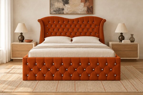 Pat tapițat Chesterfield Avella 140×200 cm, cărămiziu, cu ladă de depozitare