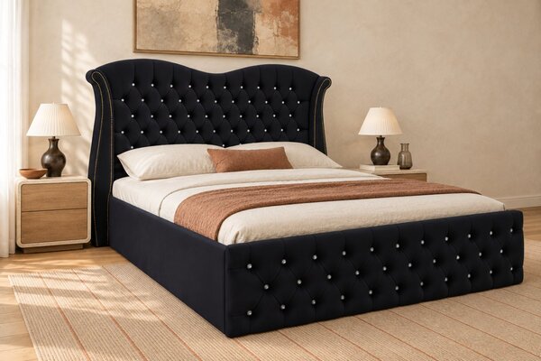 Pat tapițat Chesterfield Avella 140×200 cm, negru, cu ladă de depozitare