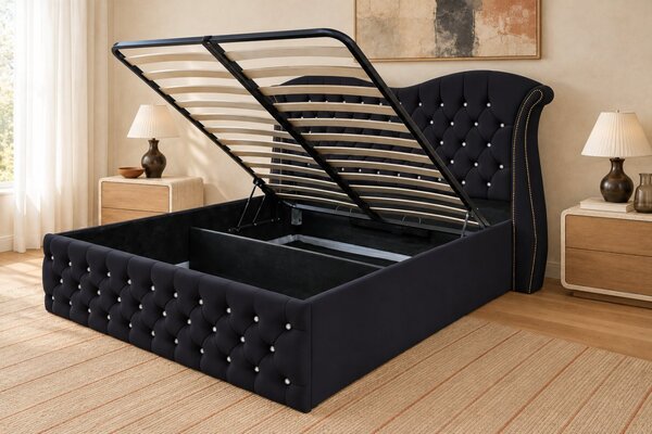 Pat tapițat Chesterfield Avella 140×200 cm, negru, cu ladă de depozitare