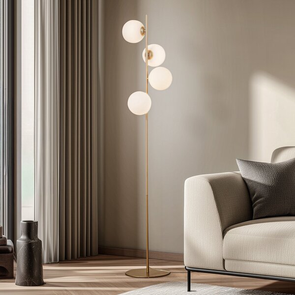 Lucande Lampadar Isandro, opal/auriu, 4 becuri, sticlă/metal, Auriu / Alamă, Camera de zi / sufragerie, Metal, Modern