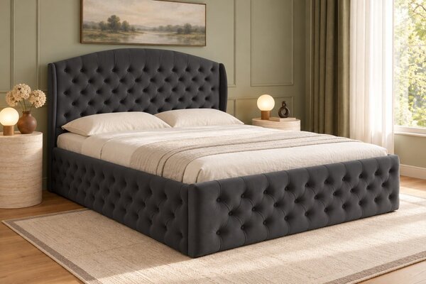 Pat tapițat Lunara Deluxe 120×200 cm, gri închis, cu ladă de depozitare
