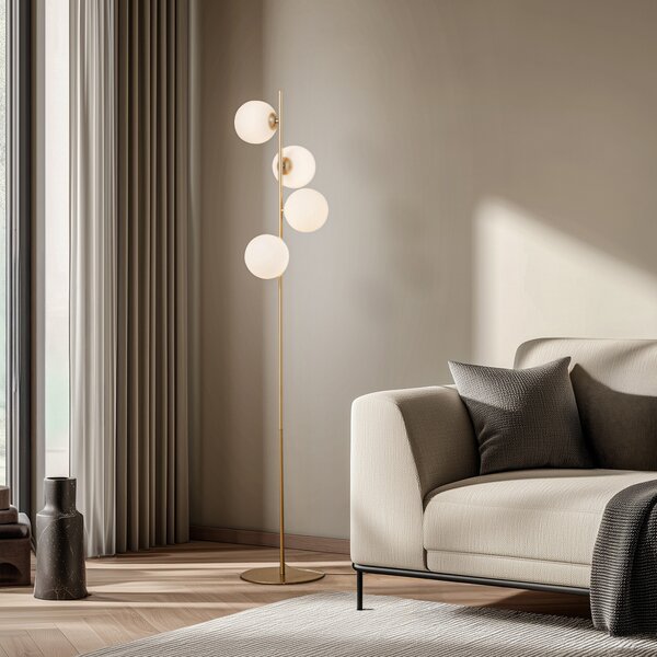 Lucande Lampadar Isandro, opal/auriu, 4 becuri, sticlă/metal, Auriu / Alamă, Camera de zi / sufragerie, Metal, Modern