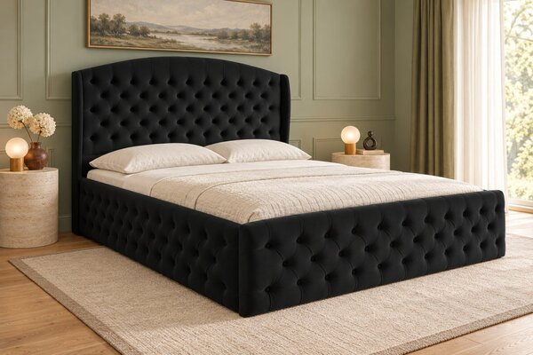 Pat tapițat Lunara Deluxe 120×200 cm, negru, cu ladă de depozitare