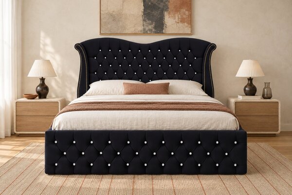 Pat tapițat Chesterfield Avella 140×200 cm, negru, cu ladă de depozitare