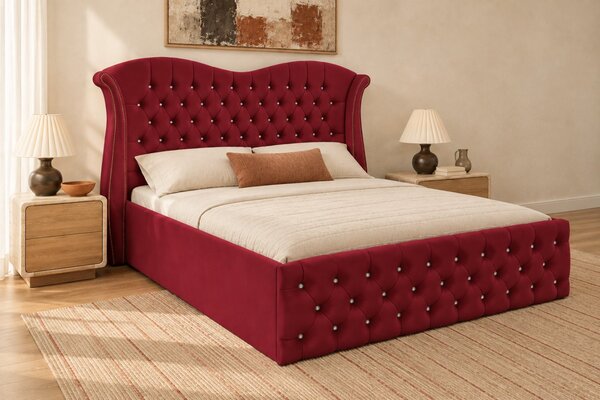 Pat tapițat Chesterfield Avella 140×200 cm, vișiniu, cu ladă de depozitare