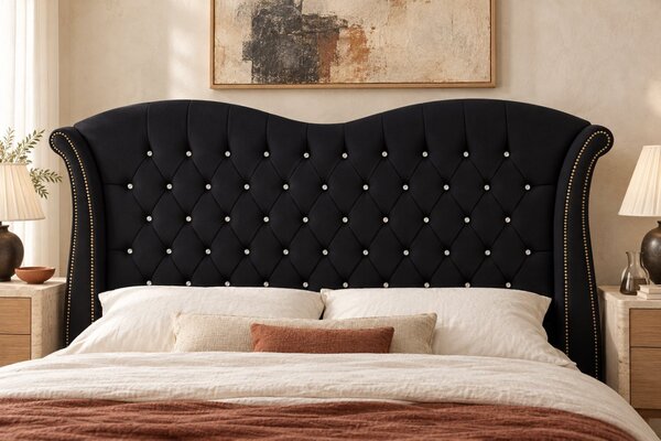 Pat tapițat Chesterfield Avella 140×200 cm, negru, cu ladă de depozitare