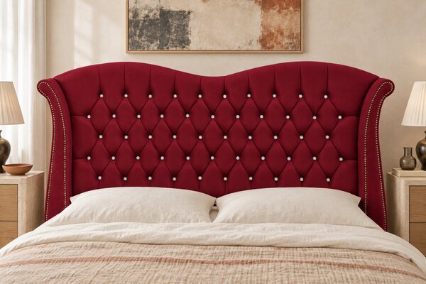 Pat tapițat Chesterfield Avella 140×200 cm, vișiniu, cu ladă de depozitare
