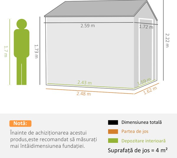 Outsunny Magazie de Grădină din Oțel Galvanizat și PP cu 4 Guri de Aerisire și Fereastră, 259x171x222 cm, Gri și Alb | Aosom Romania