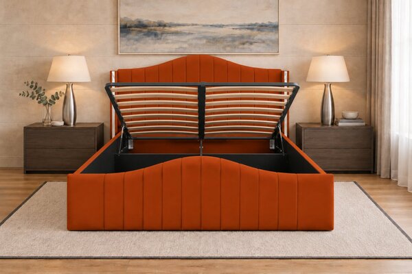 Pat tapițat Amalfi 120×200 cm, cărămiziu, cu ladă de depozitare