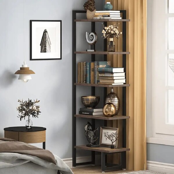 Biblioteca de colt, nuc/negru, 150x50x30 cm
