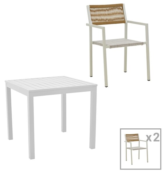 Set de 3 buc masa si scaune de gradina Savor-Kliton aluminiu alb si ratan culoare naturala 80x80x74 cm