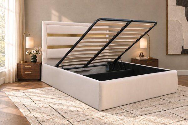 Pat tapițat din catifea Noren 120×200 cm, crem, detalii aurii, cu ladă de depozitare