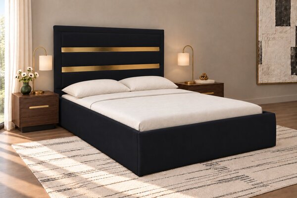 Pat tapițat din catifea Noren 120×200 cm, negru, detalii aurii, cu ladă de depozitare