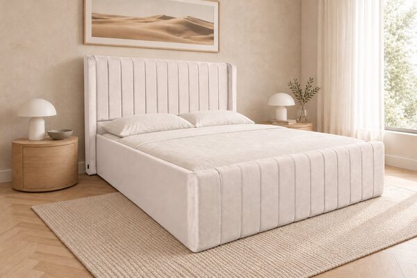 Pat tapițat din catifea Aurelia Simple 120×200 cm, crem, cu ladă de depozitare