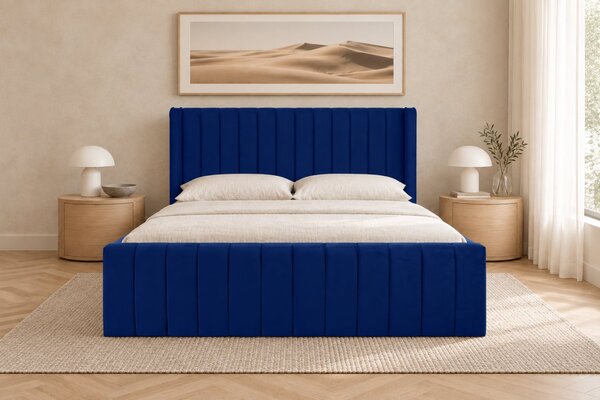 Pat tapițat din catifea Aurelia Simple 120×200 cm, bleumarin, cu ladă de depozitare