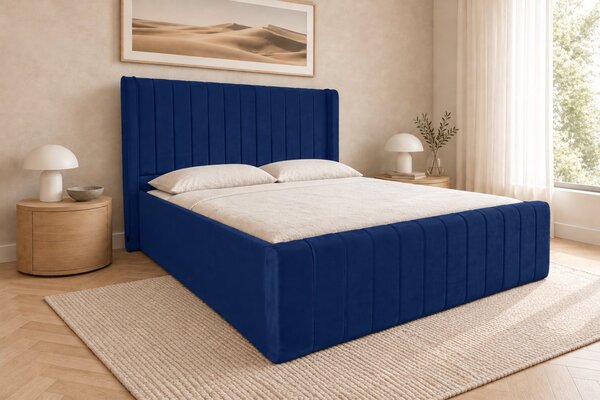 Pat tapițat din catifea Aurelia Simple 120×200 cm, bleumarin, cu ladă de depozitare