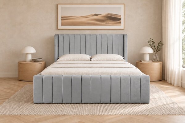 Pat tapițat din catifea Aurelia Simple 120×200 cm, gri deschis, cu ladă de depozitare
