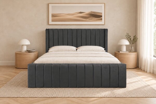 Pat tapițat din catifea Aurelia Simple 120×200 cm, gri închis, cu ladă de depozitare