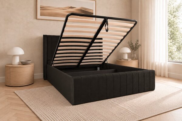 Pat tapițat din catifea Aurelia Simple 120×200 cm, negru, cu ladă de depozitare