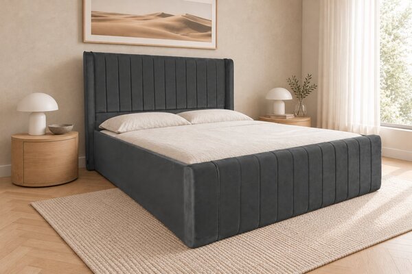 Pat tapițat din catifea Aurelia Simple 120×200 cm, gri închis, cu ladă de depozitare
