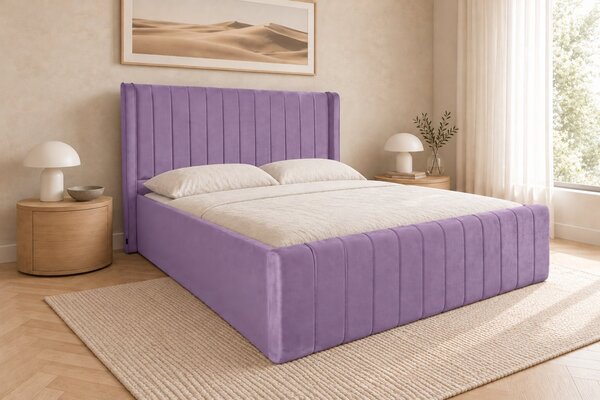 Pat tapițat din catifea Aurelia Simple 120×200 cm, lila, cu ladă de depozitare