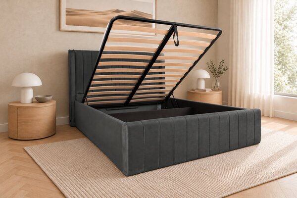 Pat tapițat din catifea Aurelia Simple 120×200 cm, gri închis, cu ladă de depozitare