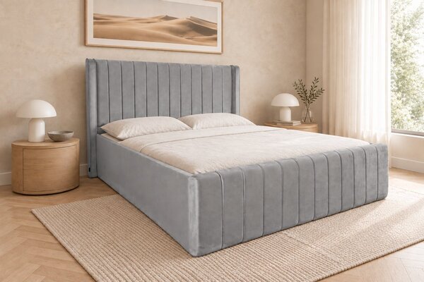 Pat tapițat din catifea Aurelia Simple 120×200 cm, gri deschis, cu ladă de depozitare