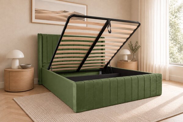 Pat tapițat din catifea Aurelia Simple 120×200 cm, kaki, cu ladă de depozitare