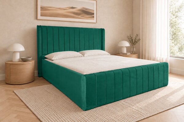 Pat tapițat din catifea Aurelia Simple 120×200 cm, verde, cu ladă de depozitare