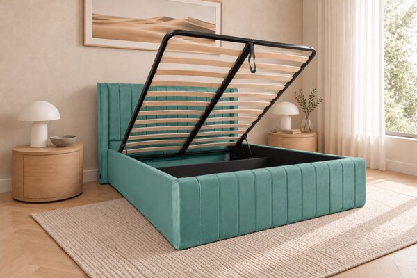 Pat tapițat din catifea Aurelia Simple 120×200 cm, verde marin, cu ladă de depozitare