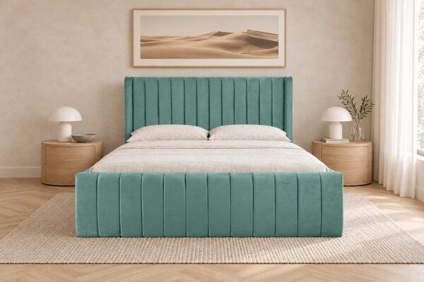 Pat tapițat din catifea Aurelia Simple 120×200 cm, verde marin, cu ladă de depozitare