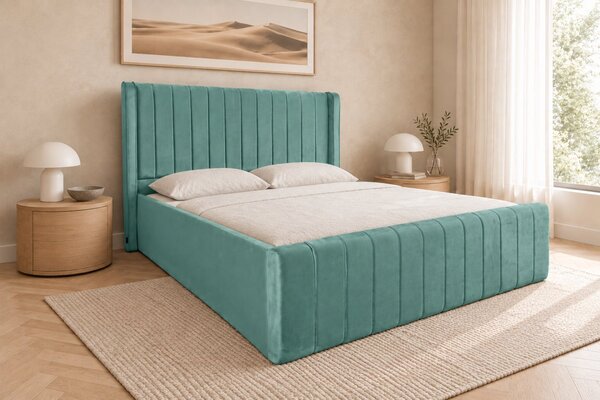 Pat tapițat din catifea Aurelia Simple 120×200 cm, verde marin, cu ladă de depozitare