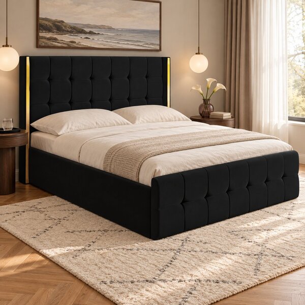 Pat tapițat din catifea Aven 120×200 cm, negru, cu ladă de depozitare