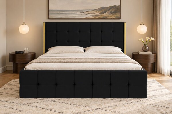 Pat tapițat din catifea Aven 120×200 cm, negru, cu ladă de depozitare