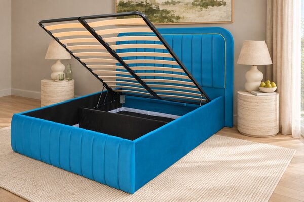 Pat tapițat din catifea Solen 120×200 cm, albastru deschis, cu ladă de depozitare