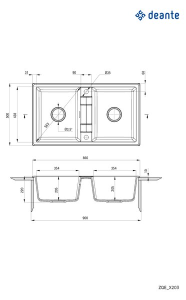 Chiuvetă Deante Eridan din granit, cu 2 compartimente, 860x500x220 mm, negru mat, ZQE_N203