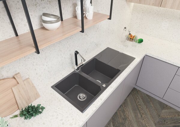 Chiuvetă Deante Andante din granit cu scurgător, 2 compartimente 1160x500x224 mm, alb, oțel, ZQN_A213