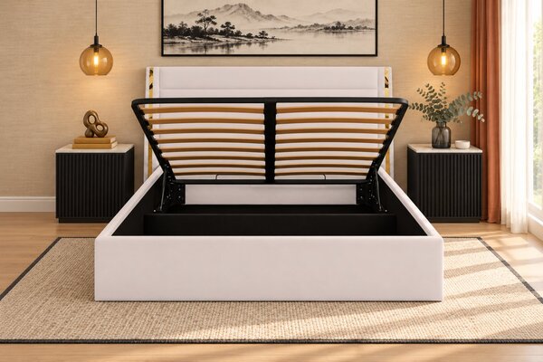 Pat tapițat din catifea Veyra 120×200 cm, crem, detalii aurii, cu ladă de depozitare
