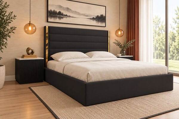 Pat tapițat din catifea Veyra 120×200 cm, negru, detalii aurii, cu ladă de depozitare